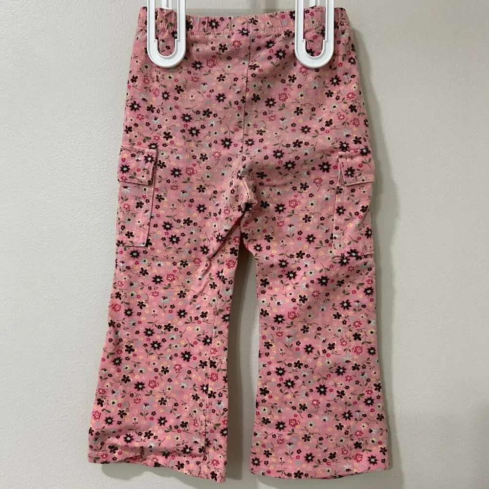 Old Navy Vintage Girls Size 2T Pink Floral Flare Cargo Pants Stretchy 70s Y2K